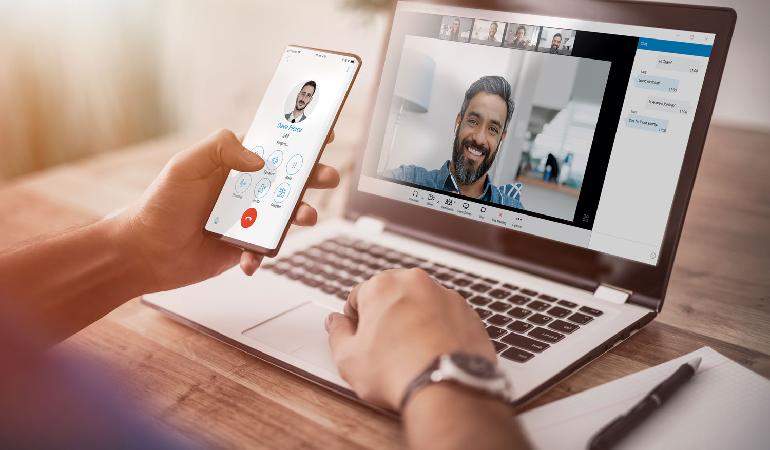 Employees in video conference meeting