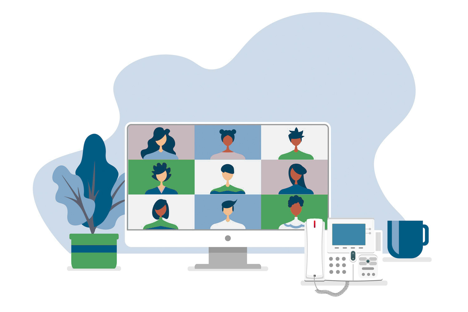 Graphic of a virtual conference and cloud communication