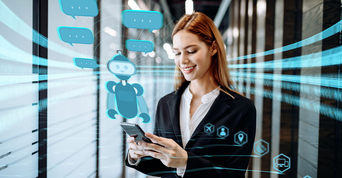 Business professional uses AI communications.