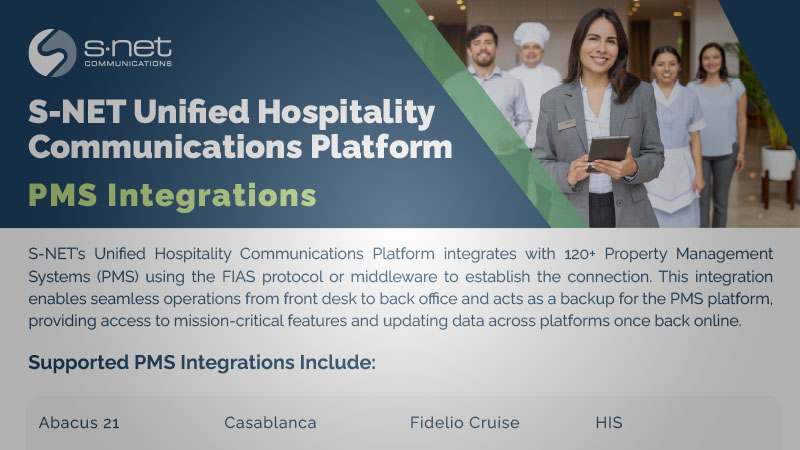 Supported PMS integrations for S-NET Unified Hospitality Communications Platform